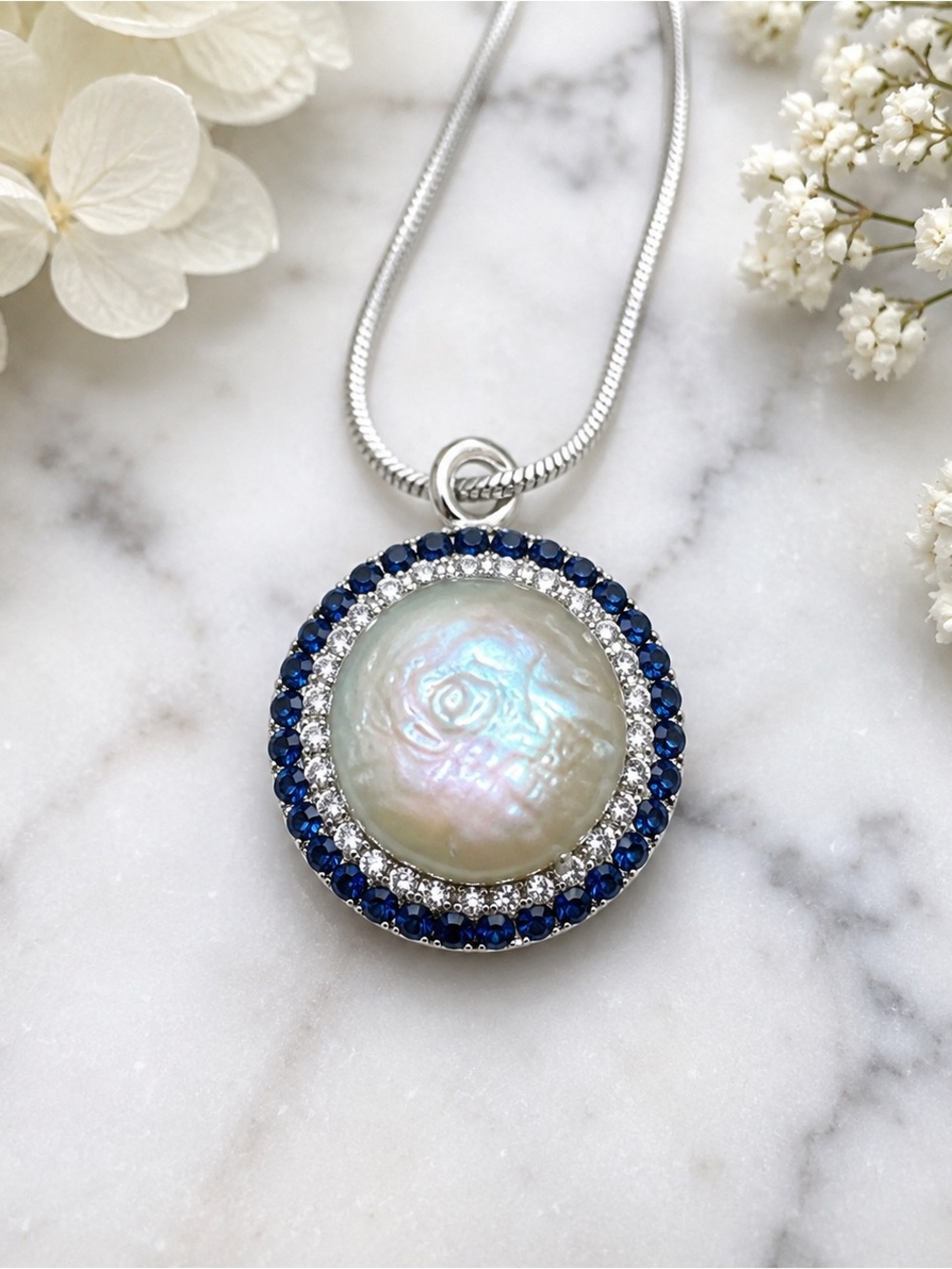 Sterling Silver 925 Baroque Pearl Blue Crystal Pavé Pendant Necklace